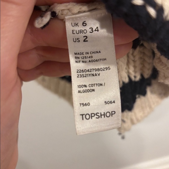 Topshop Off-Shoulder Sweater in Dark Blue and Cream Stripes. 100% Wool. - Picture 10 of 11